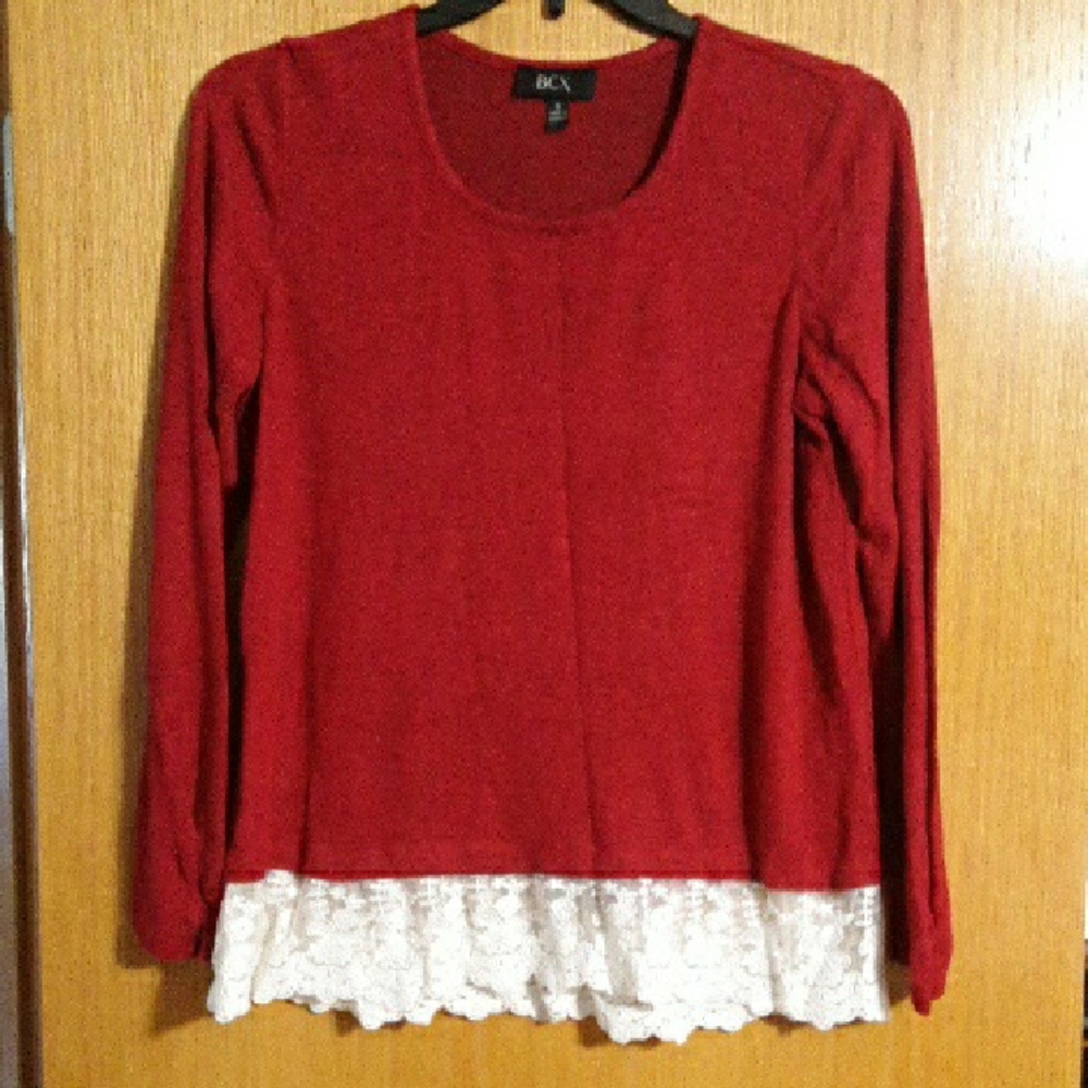 BCX Long Sleeve Red Top with Crew Neck & White Lace Trim